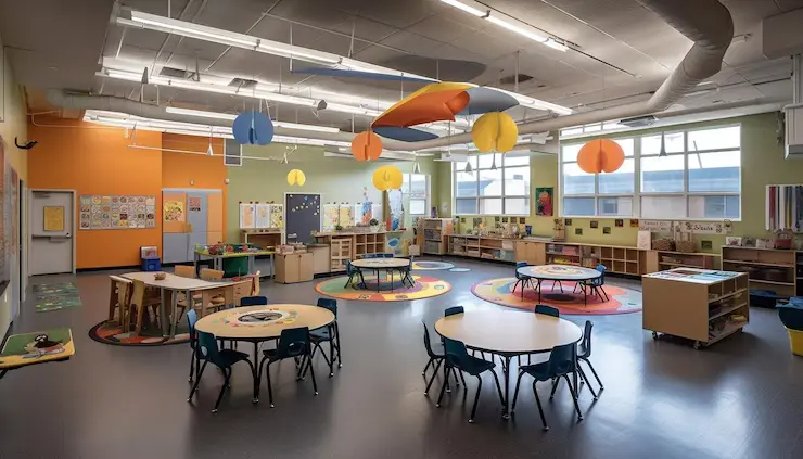 Classroom with colorful wall construction services